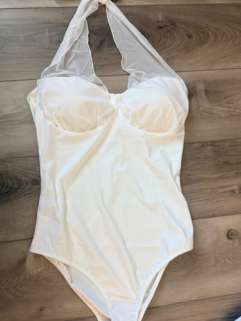 NWOT Chic White Halter One-Piece Bodysuit with Sheer Neck Tie Size Large